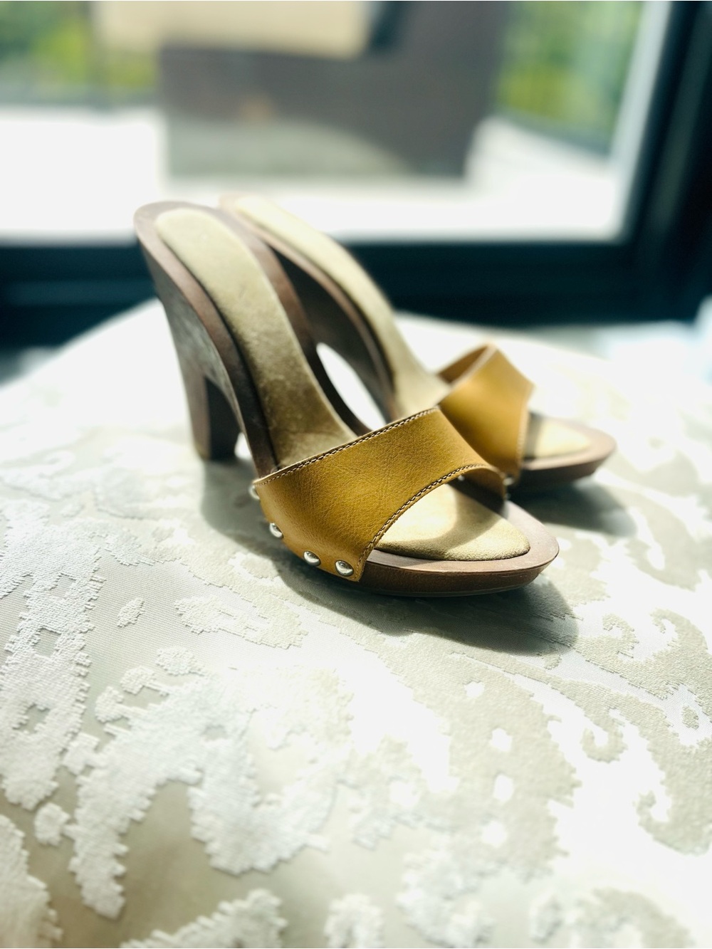 MIA Tan Leather Stud Slide Heels